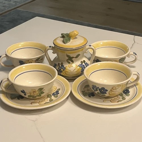 Vintage Red Wing Pottery Tea Cups And Sugar Container Brittany Pattern