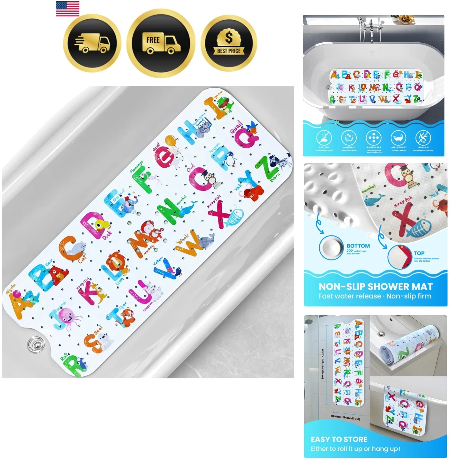 Baby Bath Mat Non Slip Kids Shower Mat Extra Large 40 x 16 Inch Cartoon Animals