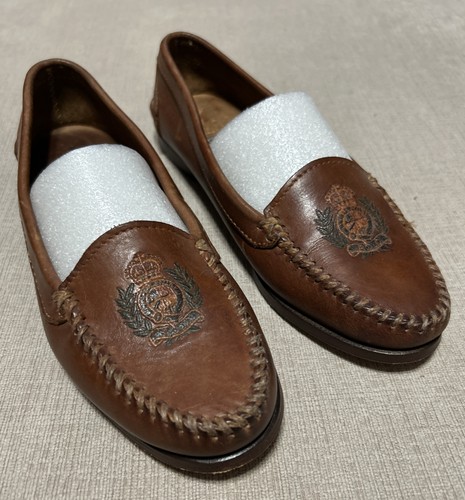 RALPH LAUREN COUNTRY Vtg 80s Leather Loafers Embroidered Crest USA 7B RARE - Picture 3 of 16