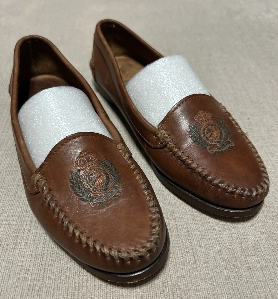 RALPH LAUREN COUNTRY Vtg 80s Leather Loafers Embroidered Crest USA 7B RARE - Image 3 of 4