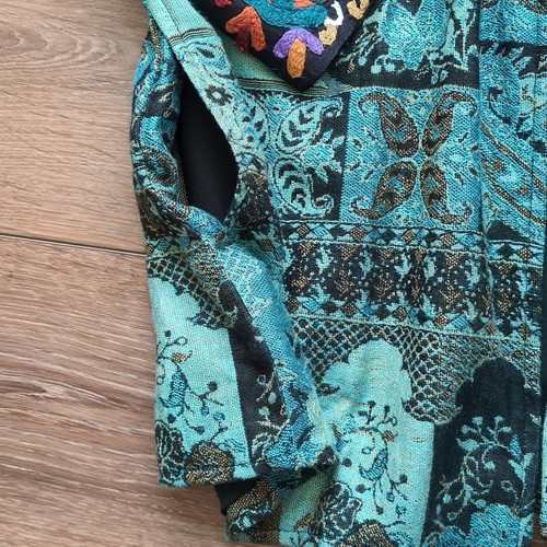 Weiche Umrandung Boho Azteken Blumen bestickt türkis Kimono vorne offen Jacke XS - Bild 8 von 11