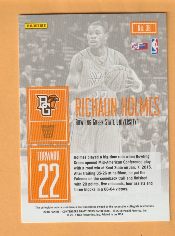 Richaun Holmes Bowling Green Falcons 2015-16 Contenders Draft Pick Game Day #36 - Image 2 of 2