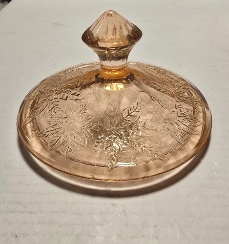 Jeanette Glass Poinsettia Pattern Depression Glass Candy Dish Lid 3 1/4"