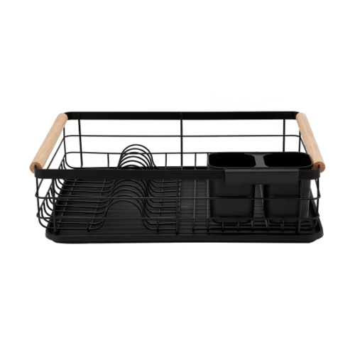 Black Dish Drying Rack With Drip Tray Cutlery Rack And Wooden Handle Kitchen - Picture 8 of 9