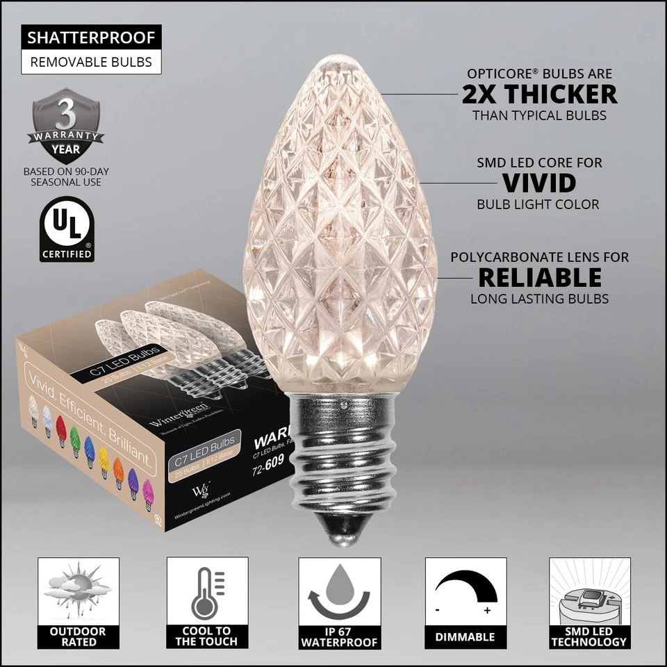 25 C7 LED Shatterproof Christmas Lights Unbreakable OptiCore Replacement Bulbs - Image 2 of 2