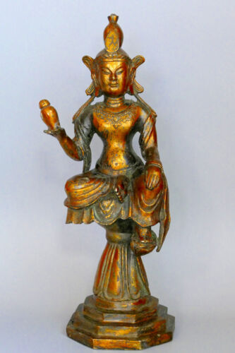 Antique Guanyin bronze et or Chine Dynastie Qing Fin 18è Début 19è - H30,8cm - Afbeelding 1 van 24