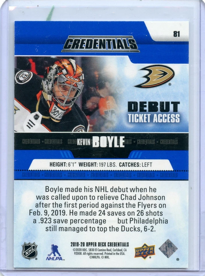 2019-20 Upper Deck Credentials #81 Kevin Boyle 883/999 RC - Image 2 of 2