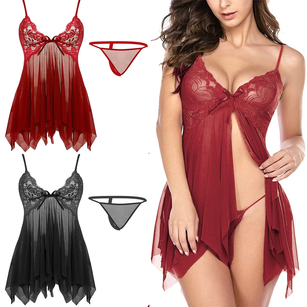 Women Sexy Lingerie Lace Sleepwear Pajamas Set Babydoll G-String Dress  Nightwear