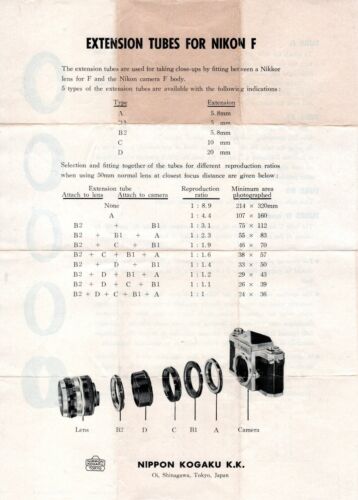 Extension Tubes for Nikon F cameras type A, B1, B2, C and D tech sheet 1960 - Afbeelding 1 van 2