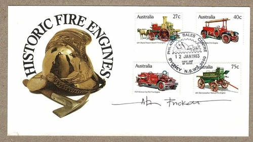 Australia 1983 Historic Fire Engines FDC Signed by Stamp Designer Alan Puckett