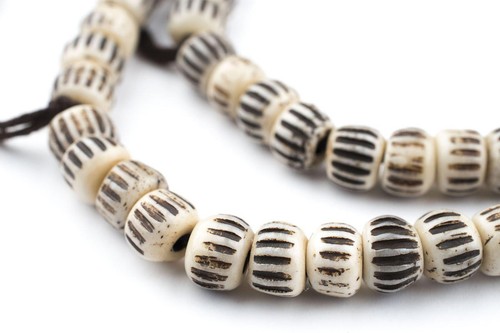 Cream Vintage-Style Carved Chevron Bone Prayer Beads 8mm Nepal Brown Round - Picture 2 of 2