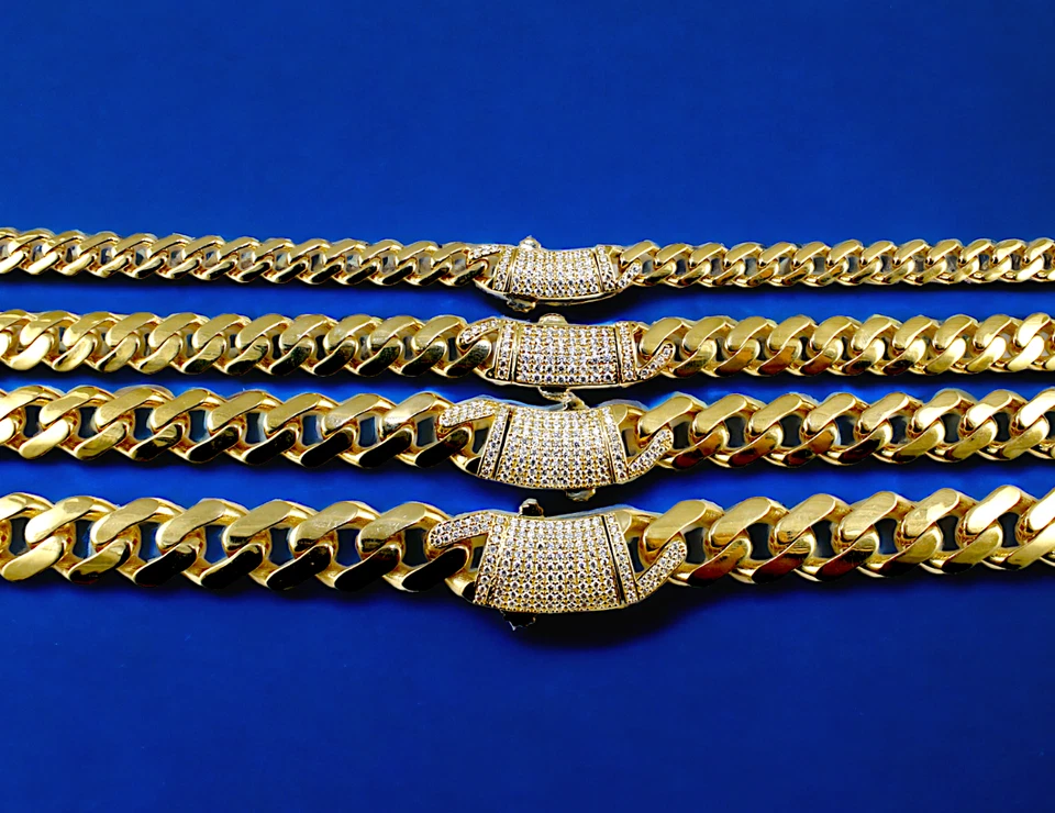 14K Yellow Gold Monaco Miami Cuban Link Chain Necklace CZ Pave 5mm-13mm 7"-30"