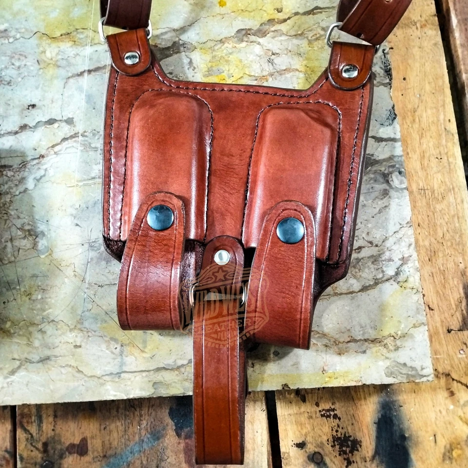 Leather Vertical Roto Shoulder Holster with Double Magazines For All Gun Models. - Image 4 of 4