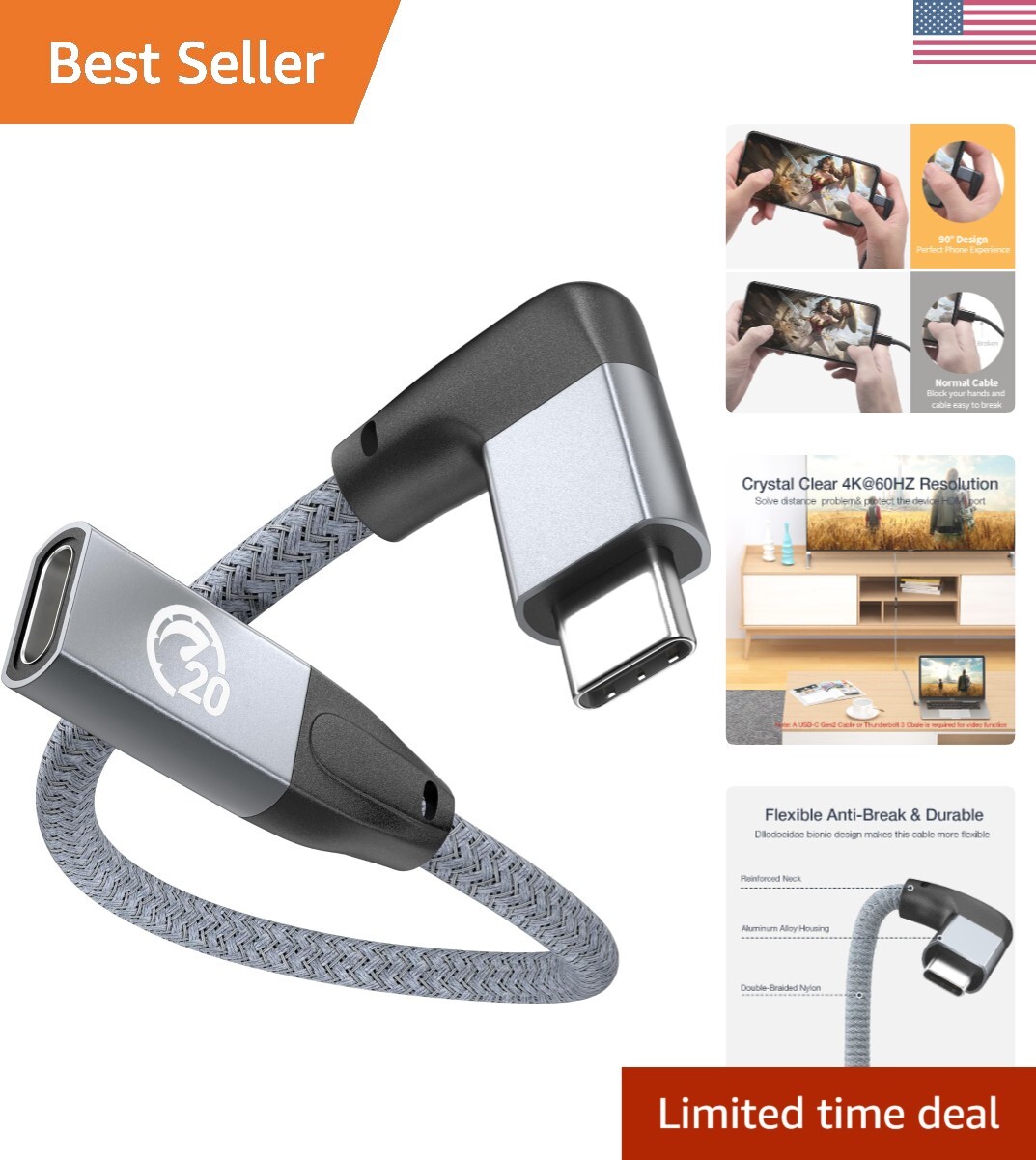 0.6FT Right Angle USB-C Extension Cable for 100W Fast Charging & 20Gbps Data Transfer