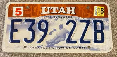 Utah 2018 GREATEST SNOW ON EARTH LIFE ELEVATED GRAPHIC License Plate # E39 2ZB