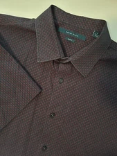Perry Ellis Men's L Slim Fit Shirt Button Up Navy Red Short Sleeve 100% Cotton