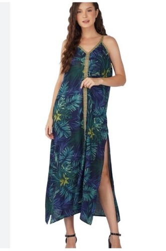America & Beyond Tropical Print Maxi Dress Small Vacation Kaftan Spring Break - Picture 2 of 8