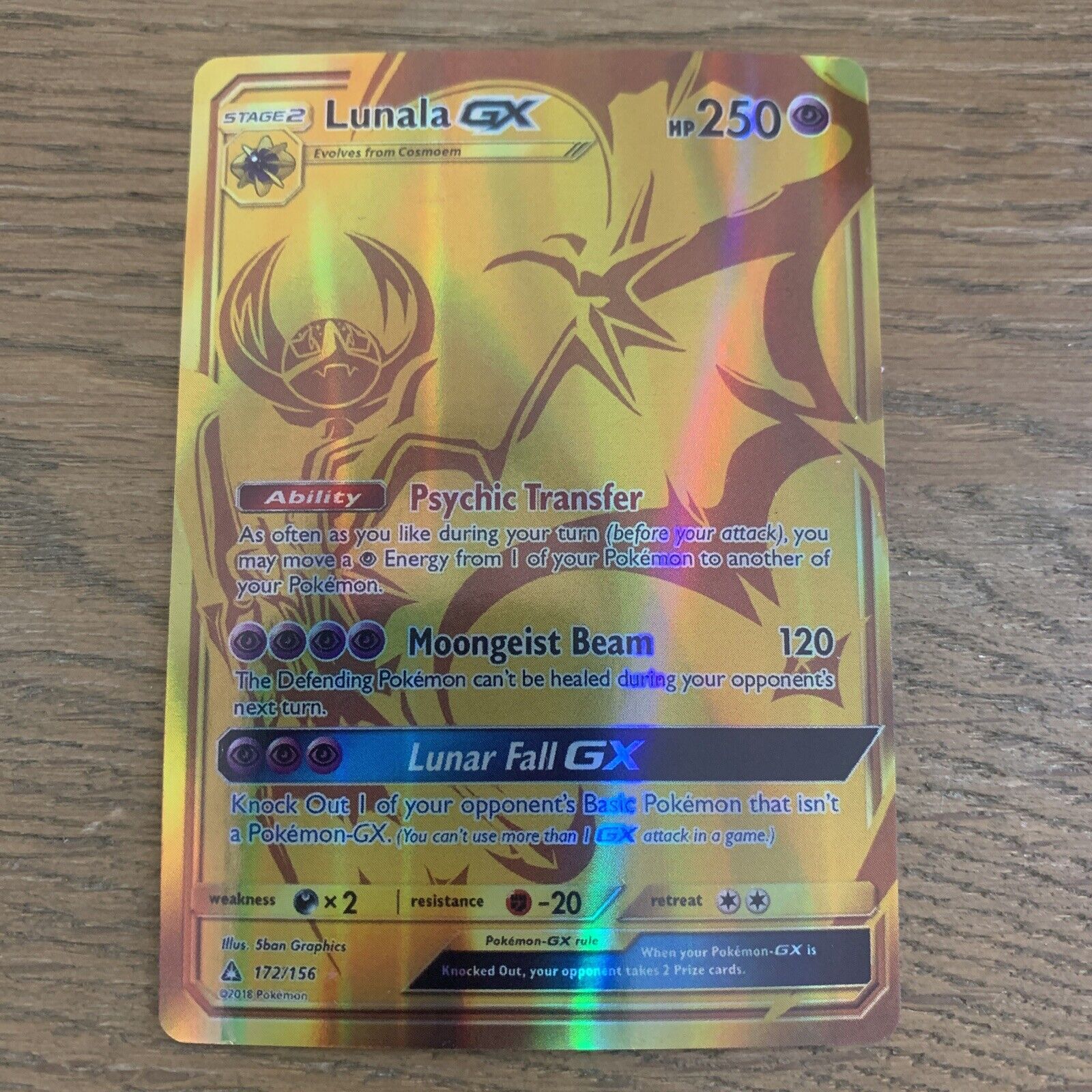 Pokemon Ultra Prism Gold Card Lunala Gx 172/156 Secret Rare Near Mint