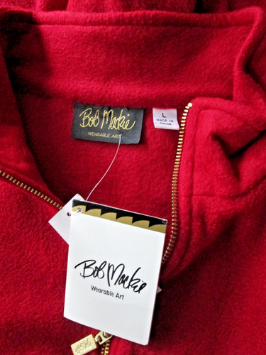 NWT Bob Mackie Siz L Wearable Art Fleece Rich Red Embroidered Half Zip Tunic top - Picture 6 of 6