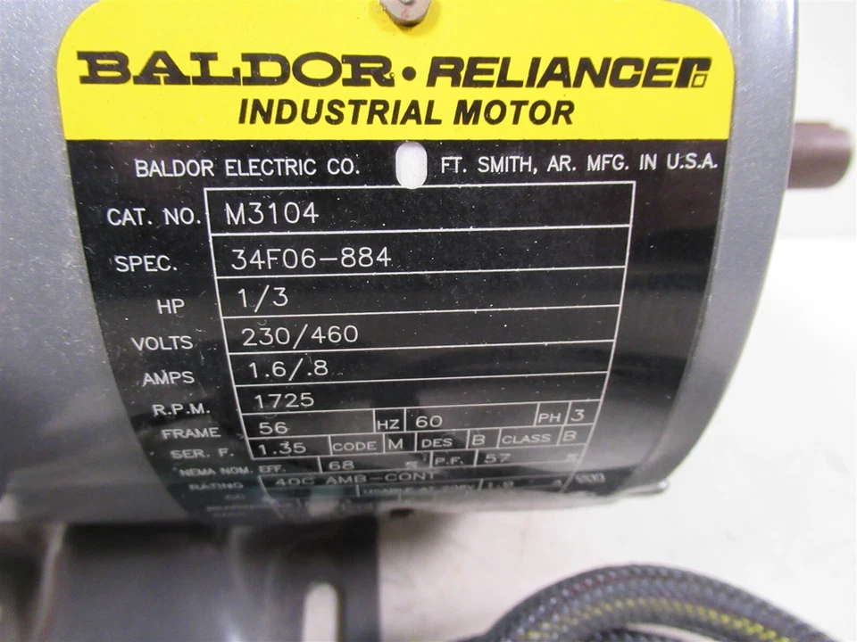 Baldor Reliance Industrial Motor M3104 1/3 HP 1725 RPM 56Hz 3 Phase 34F06-884 - Image 3 of 4