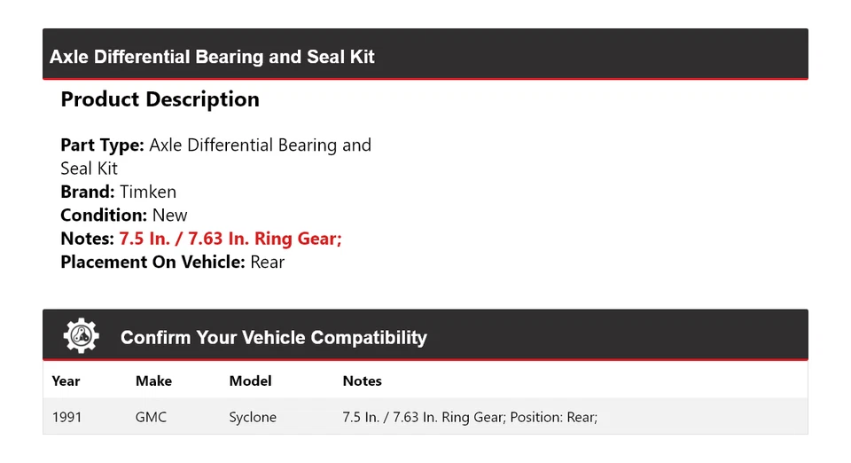 Kit de cojinete y sello diferencial de eje para GMC Syclone 1991 Timken trasero Foto 2 de 3
