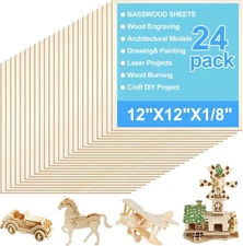  24 Pack Basswood Sheets 12X12X1/8 Inch (3Mm) - Unfinished Smooth Wood for Lase