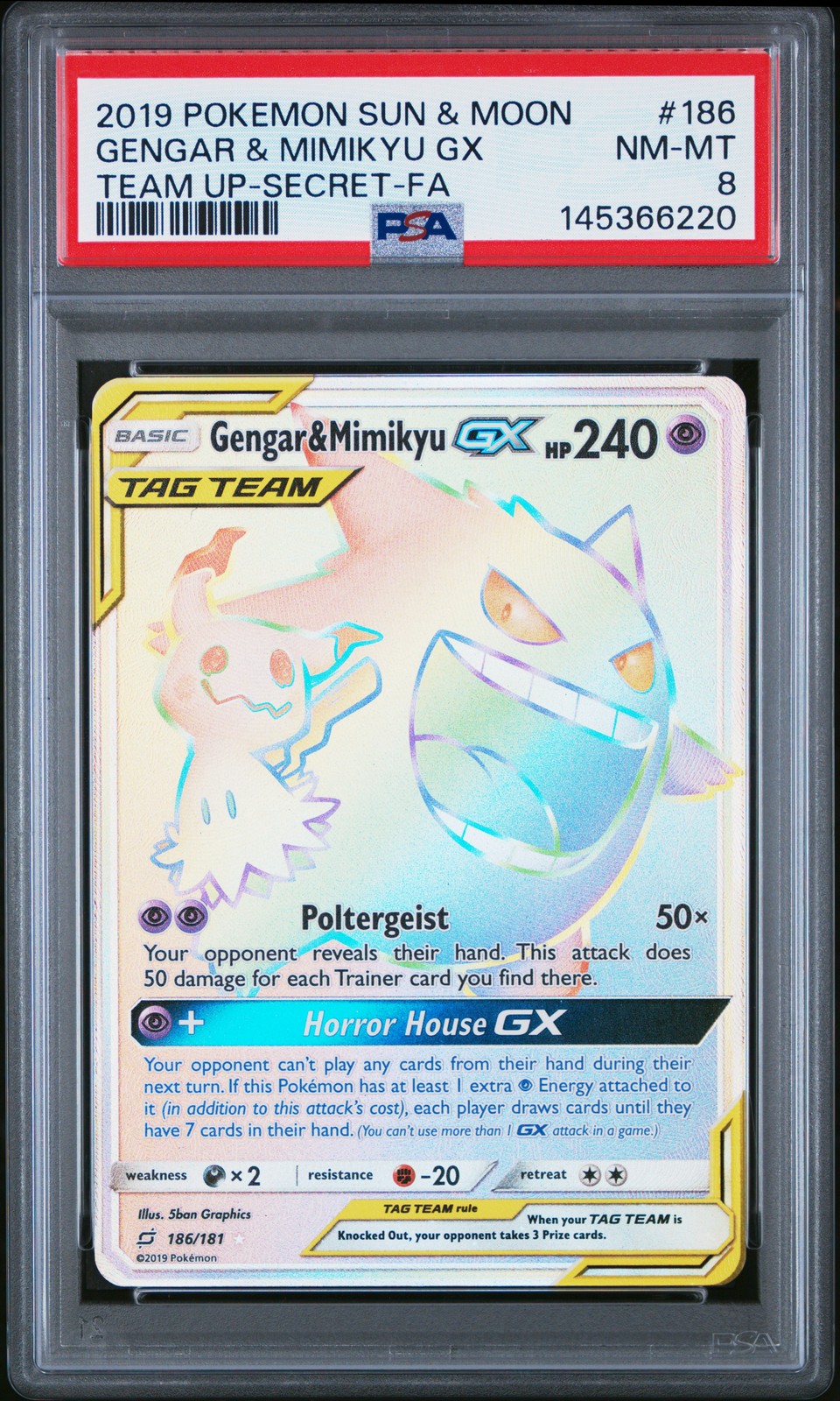 2019 POKEMON SUN & MOON TEAM UP SECRET #186 FULL ART/GENGAR & MIMIKYU GX PSA 8