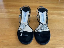 JIMMY CHOO Black Vintage Crystal Satin T-Strap Sandals SZ 8.5 IT 38.5 Good Cond.