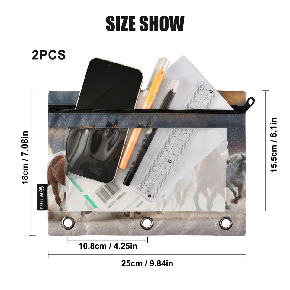 Bolsa de lápiz de caballo para carpeta de 3 anillas con cremallera lisa, lápiz de ventana transparente... Foto 3 de 4