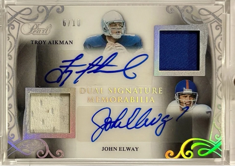 2017 Leaf Pearl Troy Aikman / John Elway NFL GU•Game-Used Dual AUTO Patch /10 - Image 3 of 3