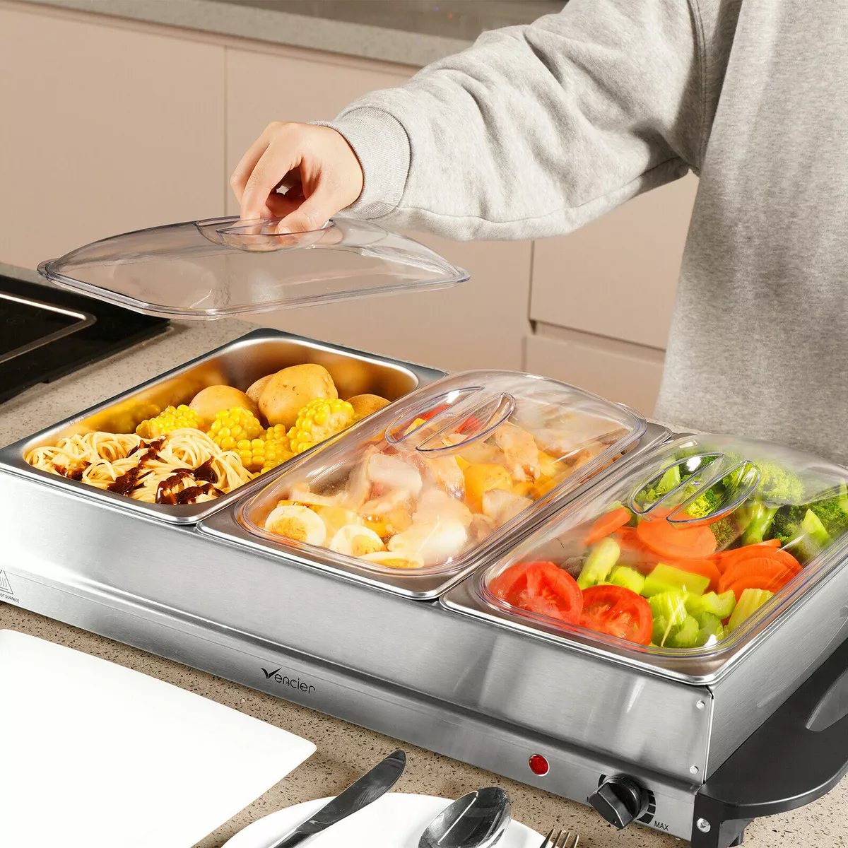 BUFFET SERVER 2in1 ADJUSTABLE HOT PLATE TRAY S/S STEEL FOOD WARMER