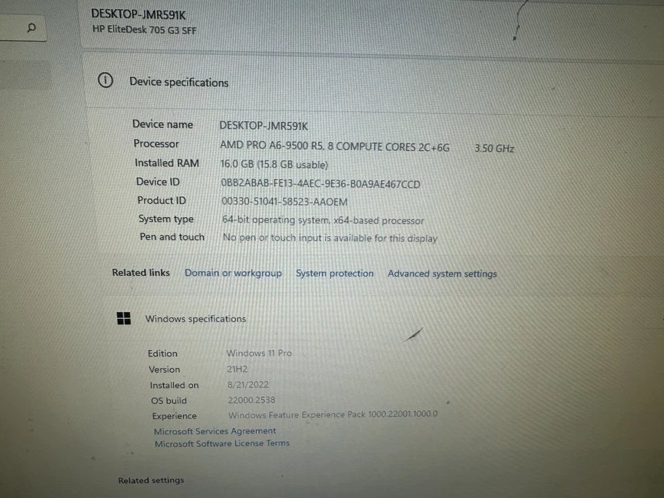 HP EliteDesk 705 G3 SFF AMD A8- 9600r7 3.10 GHz 16GB RAM 256GB Windows PC - Image 3 of 4