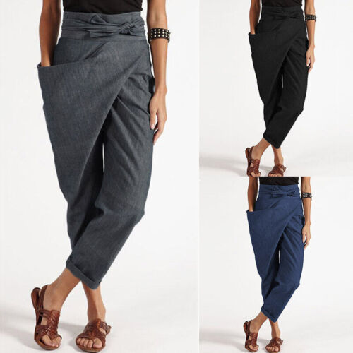Womens High Waist Wrapped Long Pants Casual Loose Ankle Length Trousers Cropped - Picture 1 of 20