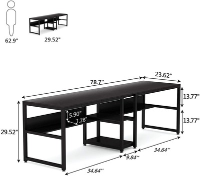 Double Computer Desk for Home Office Rustic Finish Table w/ Open Storage Shelves