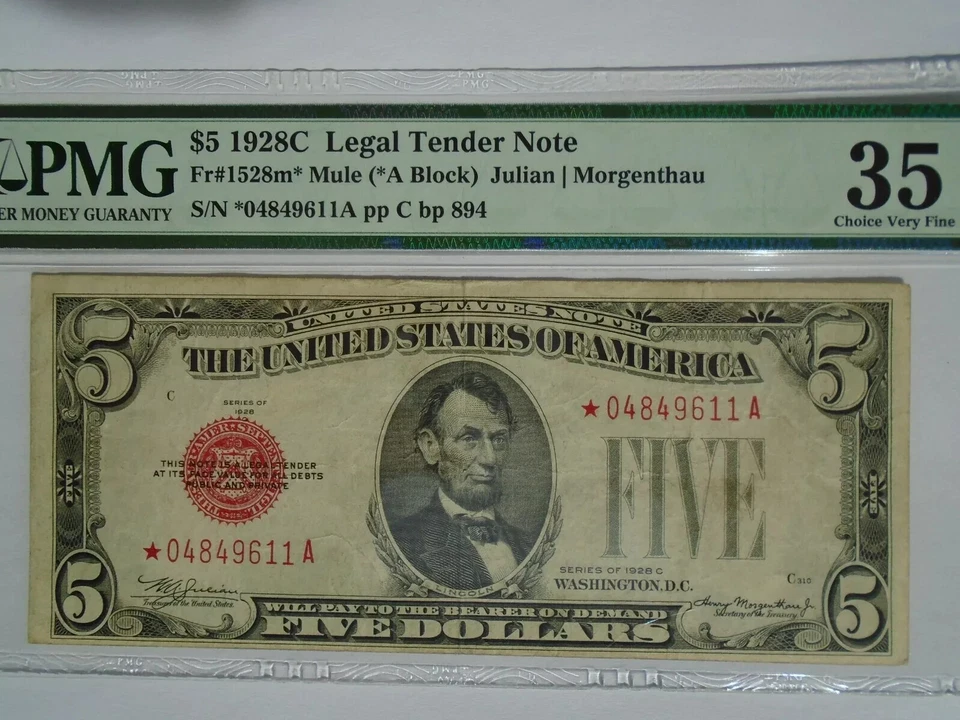 1928C $5 (Mule) STAR United States Note PMG VF 35 EPQ  Red Seal - Image 3 of 4