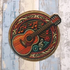 Acoustic Guitar Patch Iron-on Applique Music Festival Badge Retro, Hippie, Boho