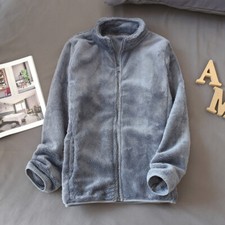 Damen Flanell Jacke Mantel Taschen Reißverschluss Top Einfarbig Lounge Lang Grau