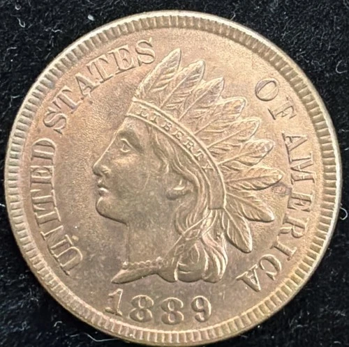 UNC 1889 Indian Head Cent, Rare RB Copper US Coin