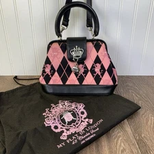 My Flat In London Bag Purse Handbag Pink & Black Argyle Lion Crest & Dust Bag
