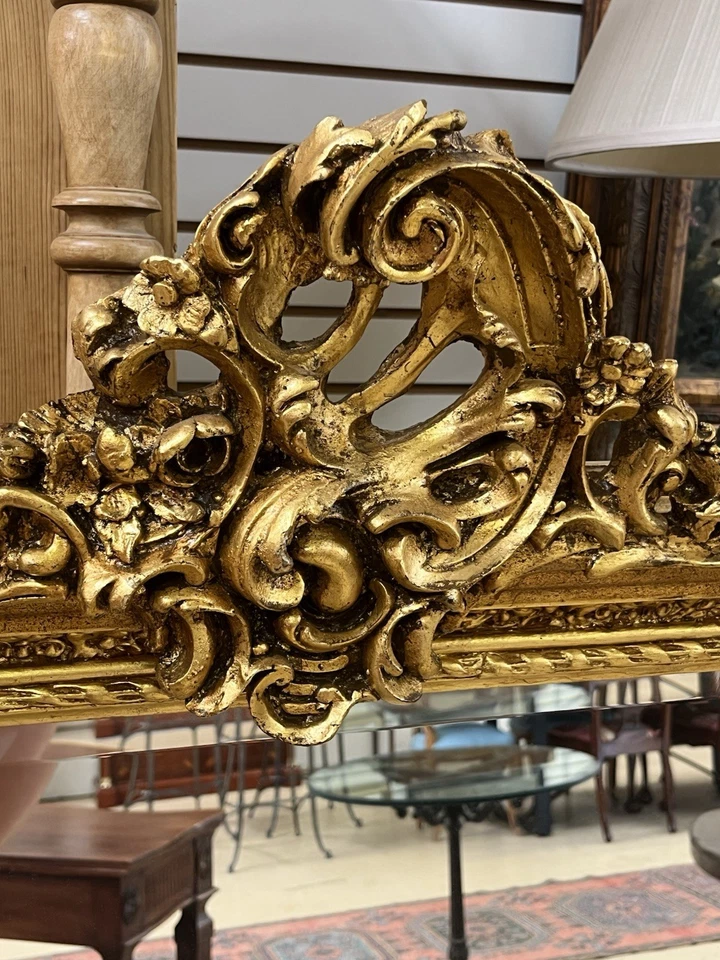 PAR DE GRANDES ESPEJOS DE PARED PUTTI ANGEL ORO DORADO ESTILO LOUIS XV, 61,5"H Foto 4 de 4