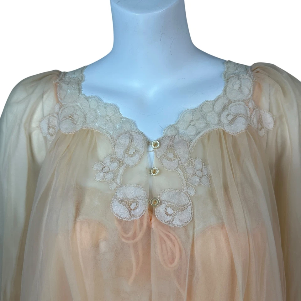 Gossard Artemis Lingerie Set Large Nightgown Robe Sheer Chiffon Flowy Lace VTG - Image 3 of 4