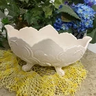 Vintage Mid Century Jeanette Pink Milk Glass Ornate Footed Oval Bowl 1950s