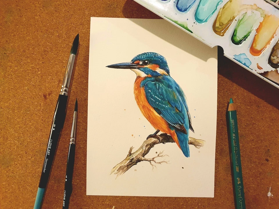 Aquarell Eisvogel, handgemaltes Bild DIN A5 mit Eisvogel, Unikat - Bild 1 von 4