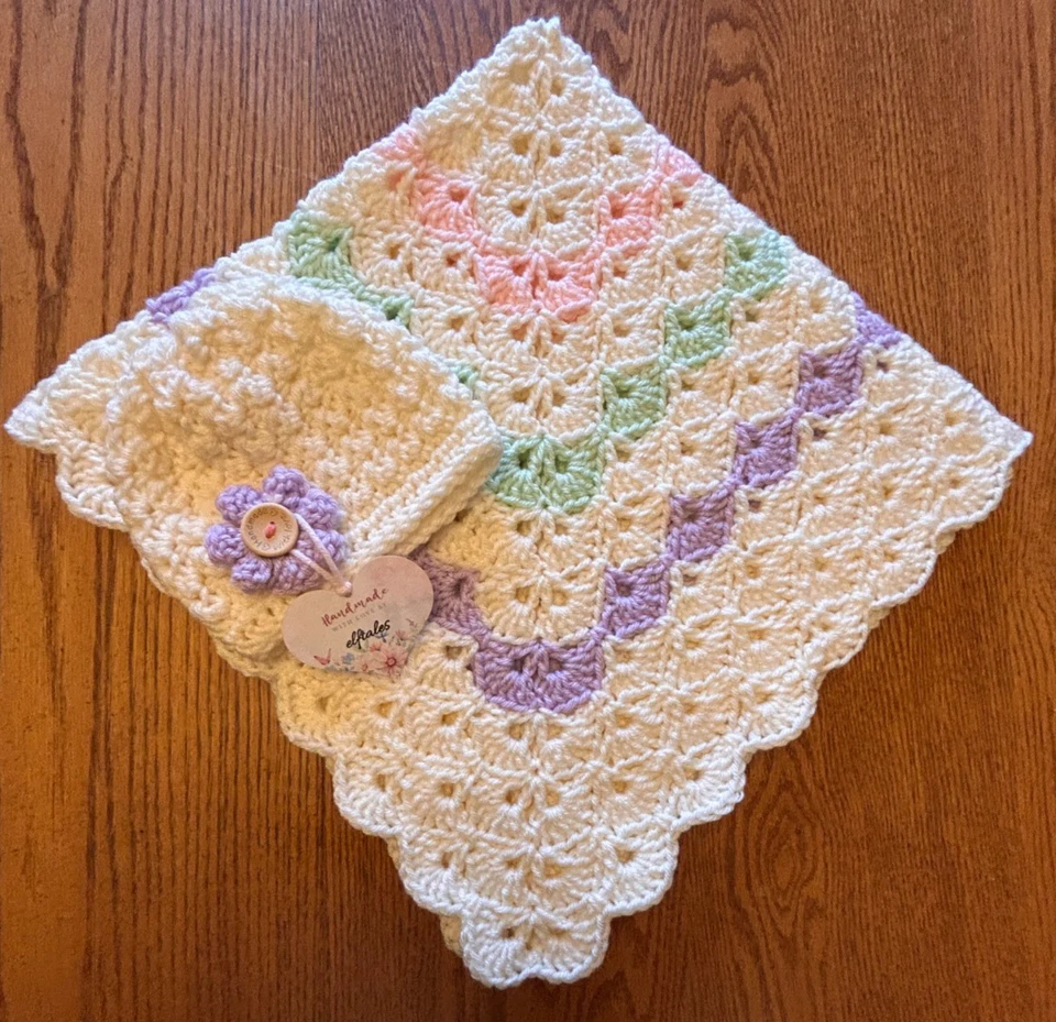 colorful farmhouse  handmade crochet  Baby  blanket & hat set  - Image 4 of 4