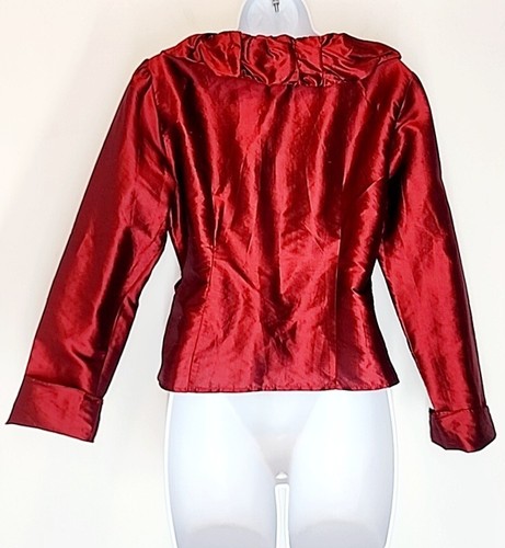 Sunny Leigh 100% Silk Satin Ruffle Wrap Top Burgundy Wine Red Women's 4 SMALL - Picture 3 of 16