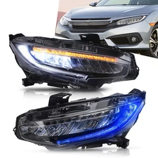 LED Headlights For 2016-2021 Honda Civic Blue DRL Sequential Signal Projector