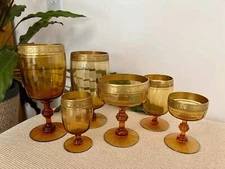 1940s Amber Formal Table Setting Glassware, Set of 6, Water, Wine, Champagne, Co