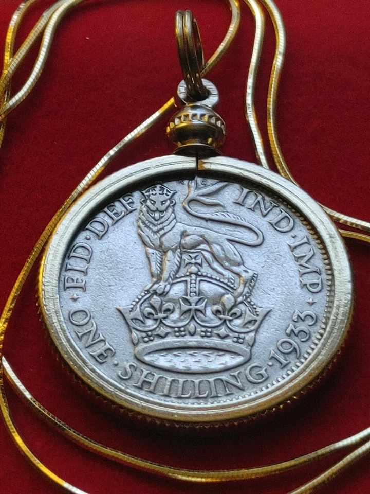 Colgante de chelín de plata británico 1933 en cadena italiana llena de oro de 18 quilates de 20" de 25 mm Foto 2 de 4