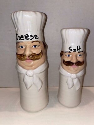 Italia Pasta Grated Cheese Salt Shakers Ceramic White L'lunne Chef Head 2 Pieces