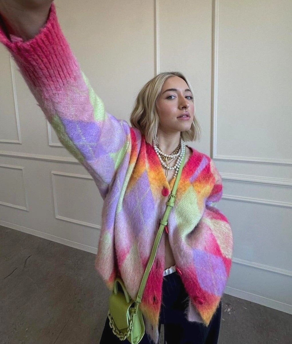 Zara Argyle Knit Cardigan Multicoloured Purple Pink Green M